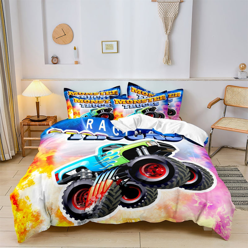 Adventurous Monster Truck Kids Duvet Cover Set – Stunningly Soft Cotton for a Single Bed (140 x 200 cm)