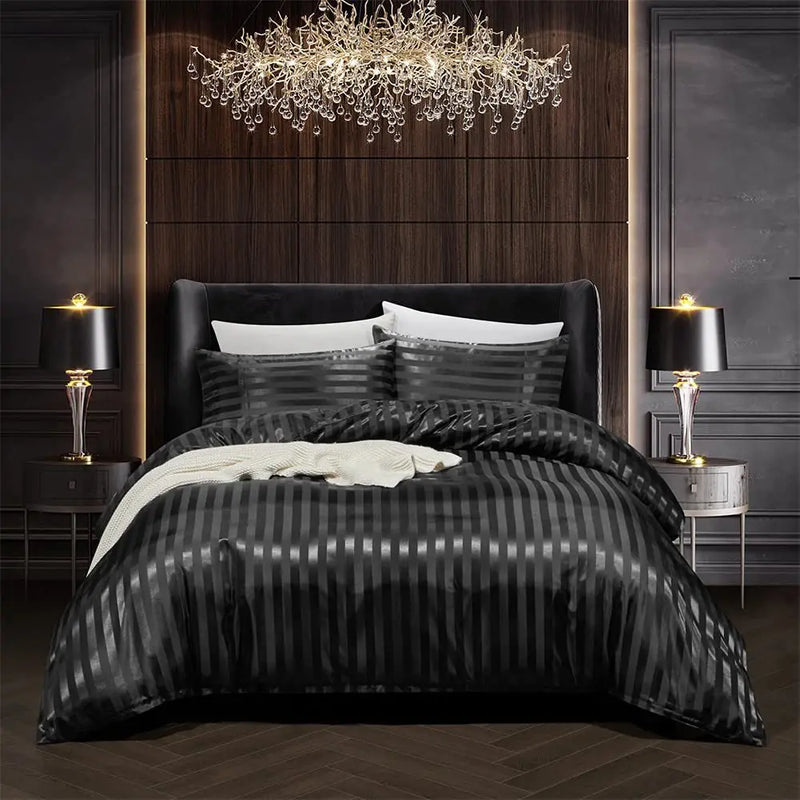 Chic Black Satin Duvet Cover Set with Fitted Sheet and Pillowcases – For a Luxurious Sleep Experience