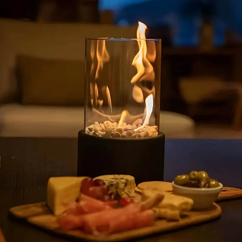 Stylish Bio-Ethanol Table Fireplace for Indoor and Outdoor - Black Metal Base with Removable Glass Cylinder